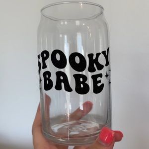 Handmade 16oz glass cup w/ glass straw / ✨ Spooky Babe ✨ in sparkly black